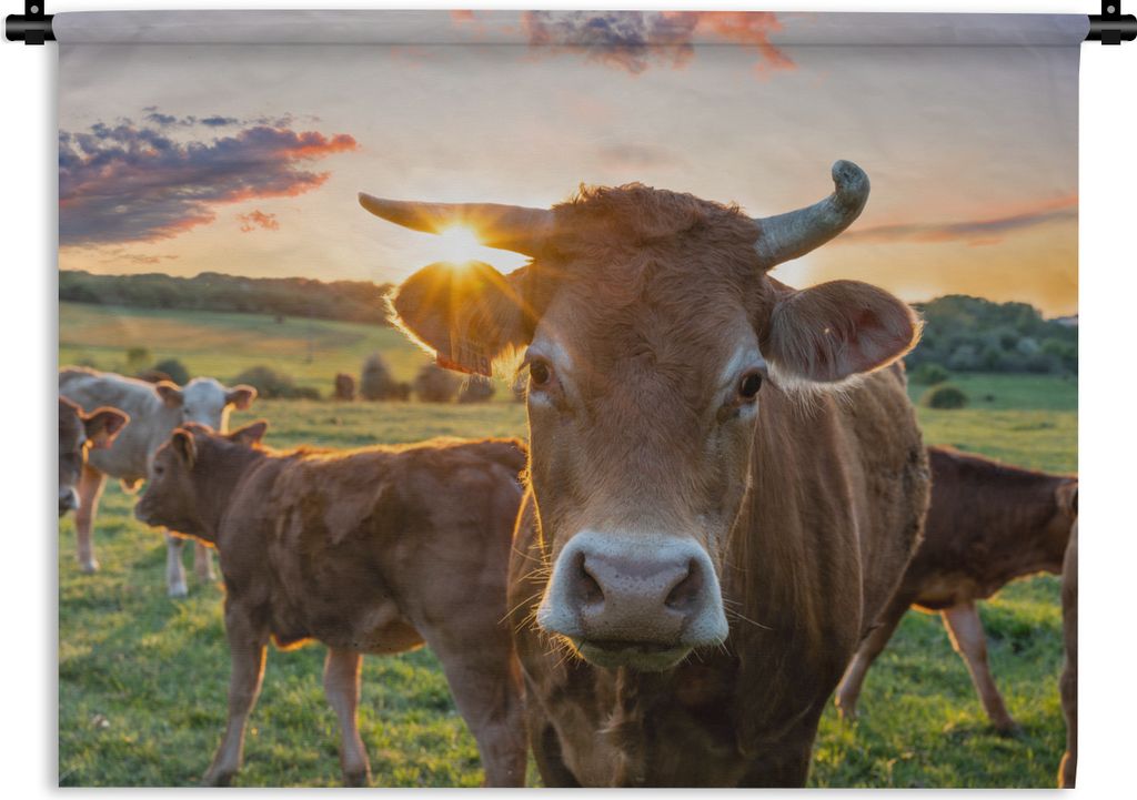 MuchoWow Wandteppich Wandbehang Kühe - Sonne - Wiese - Landleben 60x45 cm Tapisserie Dekoration Wandtuch - Das Schlafzimmer
