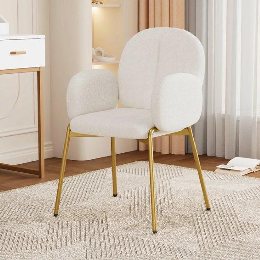 Chaise de salle à manger en bouclette beige et métal doré design luxe