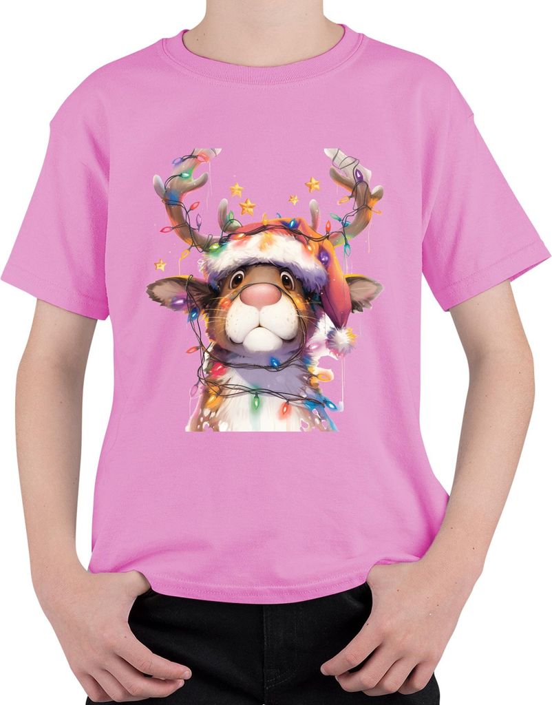 Rentier Lichterkette Weihnachten niedlich Geschenk Retro Uni Kinder T-Shirt, Pink, 104