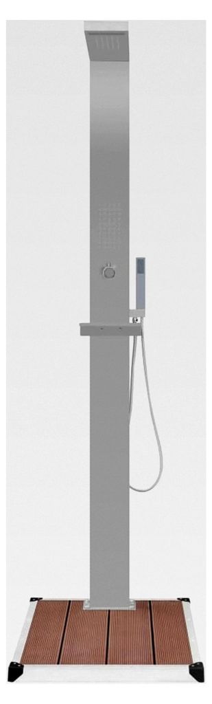 Gartendusche mit WPC-Bodenelement und Edelstahl – multifunktionale Dusche für Pool und Außenbereiche