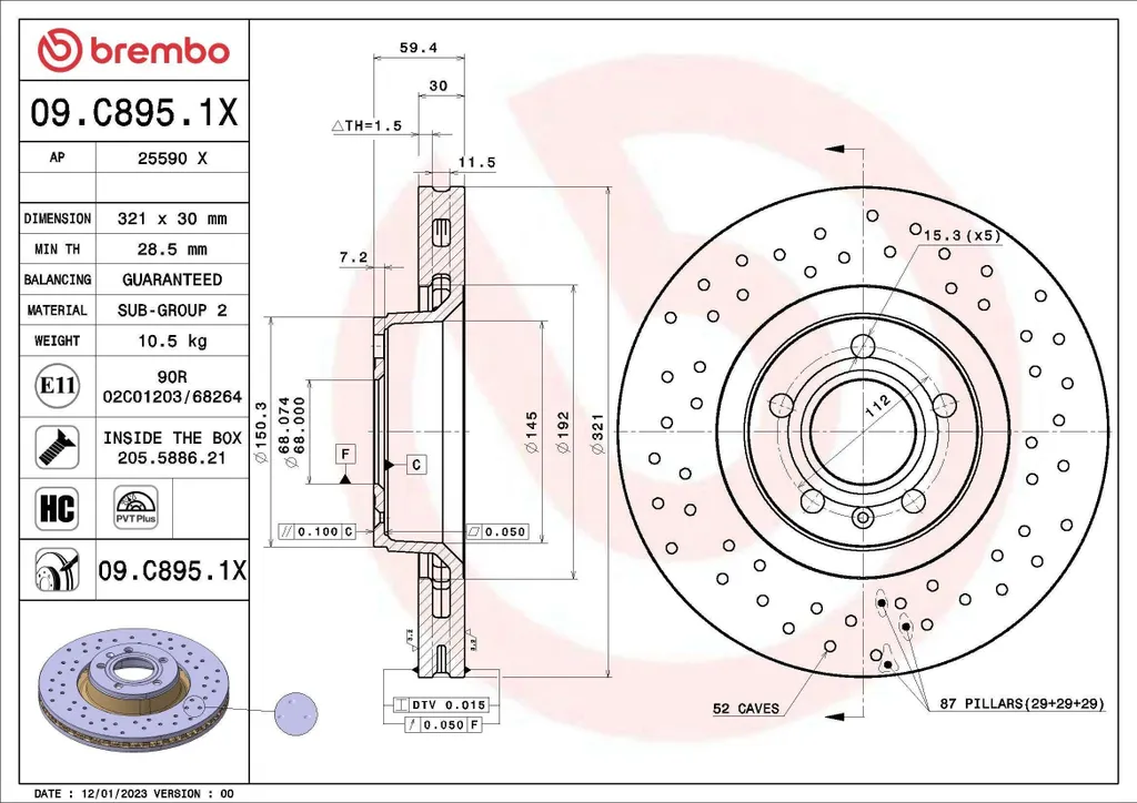 Disque de frein ventilé Brembo 09.C895.1X compatible Audi A6 4F Berline