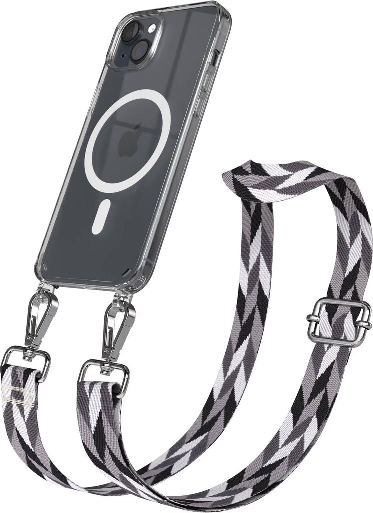 EAZY CASE - Handykette mit MagSafe Hülle für Apple iPhone 15 Plus, Handyband Mix Style, Karabiner Silber, Umhängeband in Schwarz