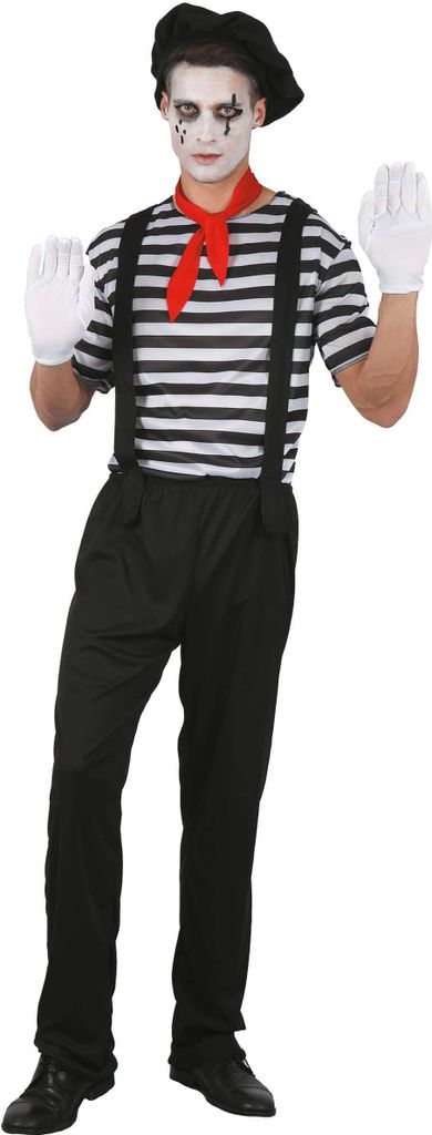A man dressed as a mime stands against a white background.