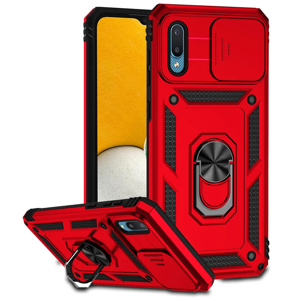 Custodia per Samsung Galaxy A02 a doppio strato con copertura scorrevole della fotocamera e supporto ad anello rosso