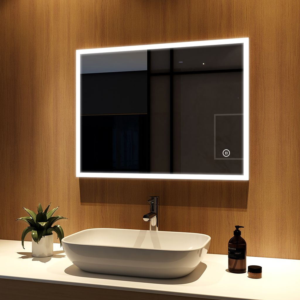 IP44 Energieklass A++ Beschlagfrei LED Badspiegel 50x70cm Badezimmerspiegel mit Beleuchtung Vertikal/Horizontal Badezimmer Wandspiegel 6500K Kaltweiß Lichtspiegel mit Touch Schalter