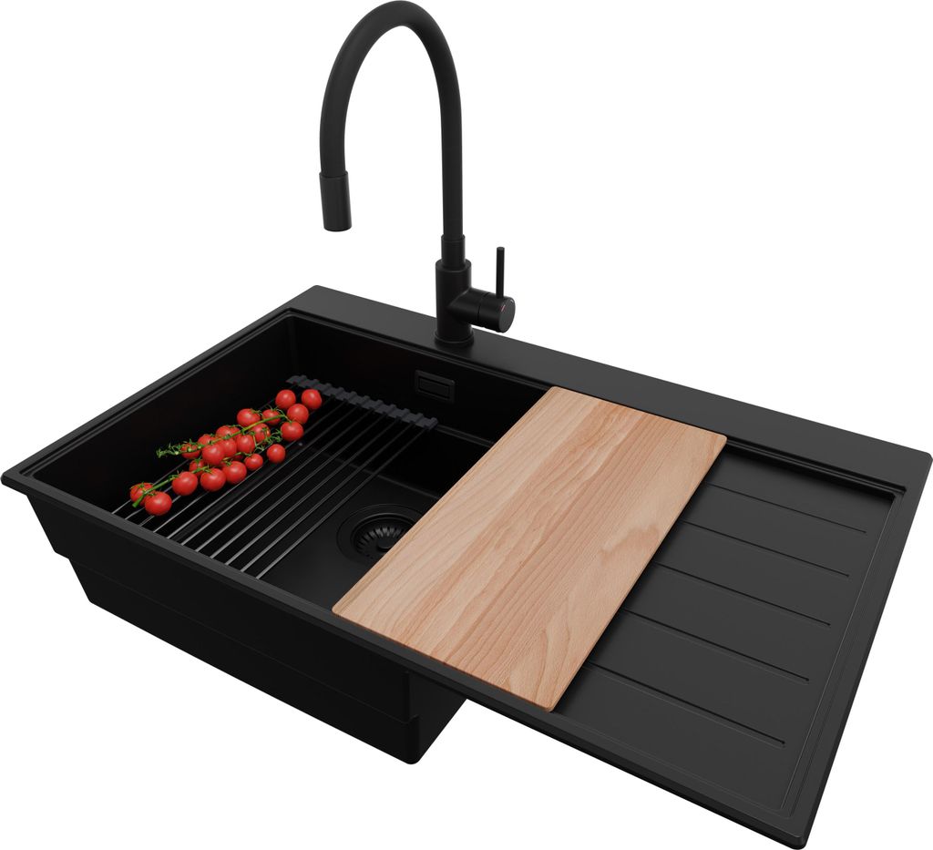 PRIMAGRAN Granitspüle Alles Schwarz 78x50cm, Spülbecken 1 Becken + Ablauf-Set + Küchenzubehörset, Küchenspüle ab 50er Unterschrank - Sydney