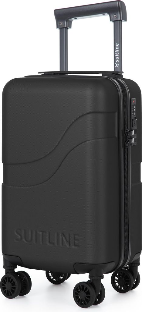 A black suitcase is shown against a white background.