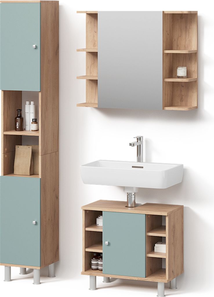 Badmöbel-Set Livinity Fucino Grün 3 Teile, mit Hochschrank, Model 52690