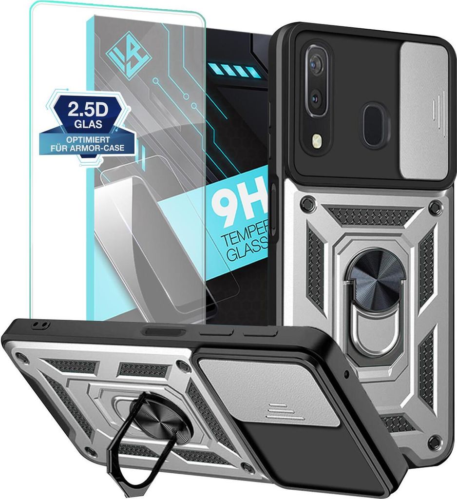 Armor Handyhülle für Samsung Galaxy A50 mit 9H Displayglas Displayschutz Kameraschutz Handy Panzer Case Cover Schutzhülle Outdoor Farbe: Silber