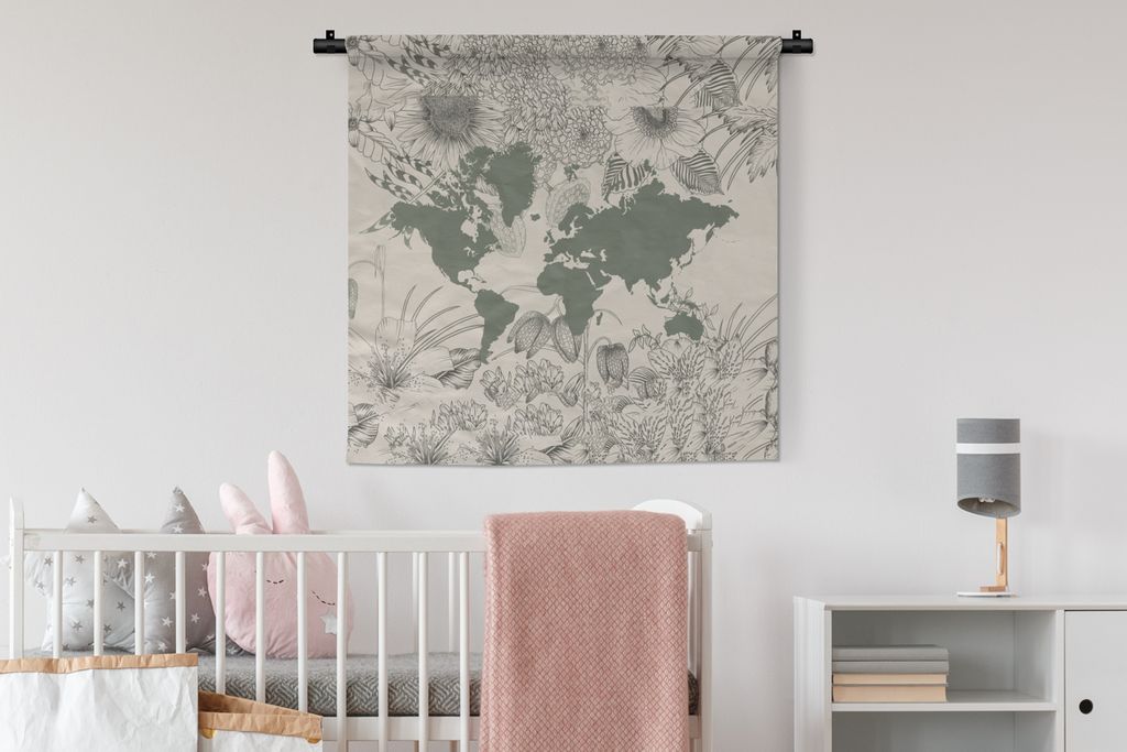 MuchoWow Wandteppich Wandbehang Weltkarte - Grau - Pflanzen 90x90 cm Tapisserie Dekoration Wandtuch - Wandaufhänger