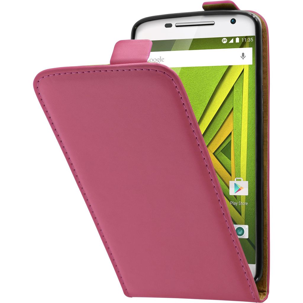 PhoneNatic Kunst-Lederhülle kompatibel mit Motorola Moto X Play - Flip-Case pink + 2 Schutzfolien