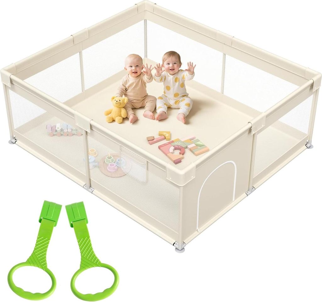 Laufstall Baby 175x150 cm – Großer Baby Laufgitter XXL Sicherheitsspielplatz Kinder mit Netzdesign, ideal für den Innenbereich, Beige, beige, O...