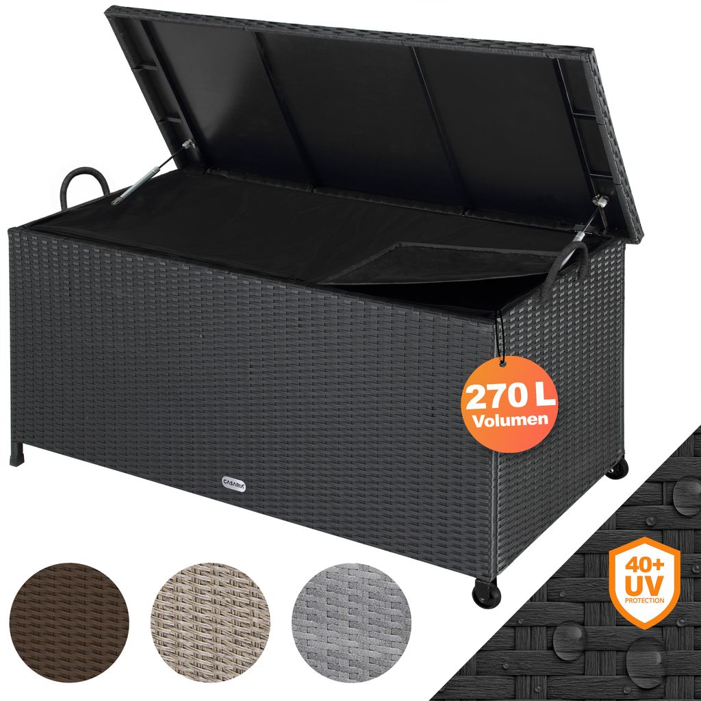 A black rattan-style storage box with its lid open, displayed on a white background with color swatches and a UV protection icon.