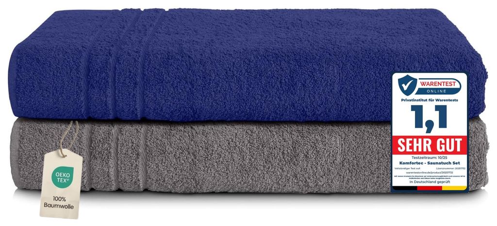 Komfortec Saunahandtuch 2er Set 80x200cm 100% Baumwolle Produktbild 