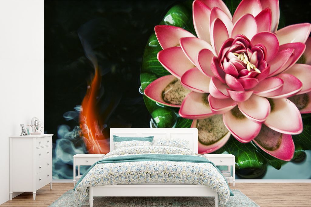 MuchoWow Fototapete für Wohnzimmer oder Schlafzimmer Wandtapete Vinyl Motivtapete Ein Koi-Karpfen mit einer rosa Blume - 360x240 cm - Vinyl-Tapete