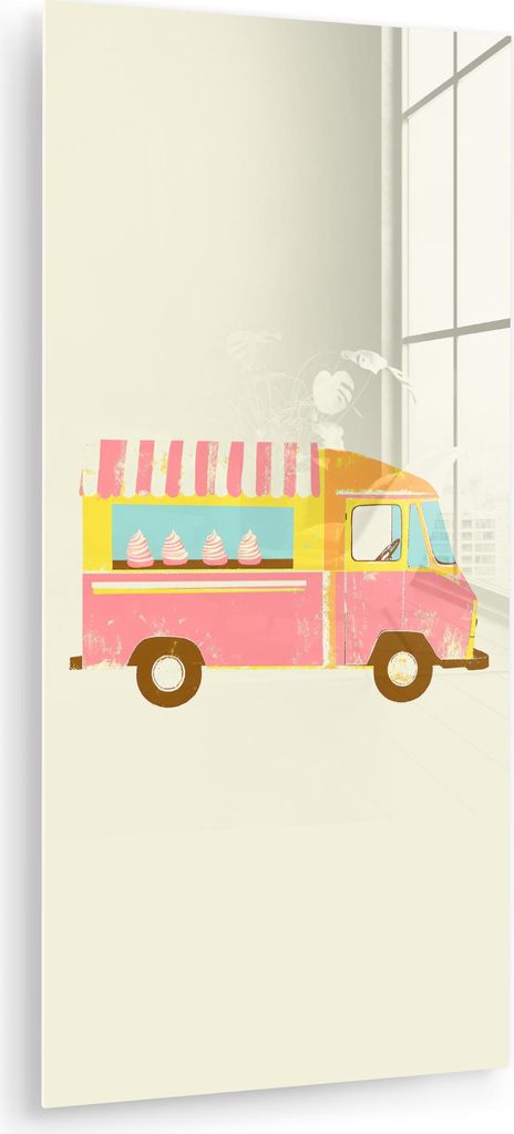 MuchoWow Glasbilder - Bilder auf Wandbild - Foto auf Glas Eiscreme-Wagen - Retro - Softeis - Rosa 60x120 cm Wanddekoration aus Glas - Acrylglasbild...
