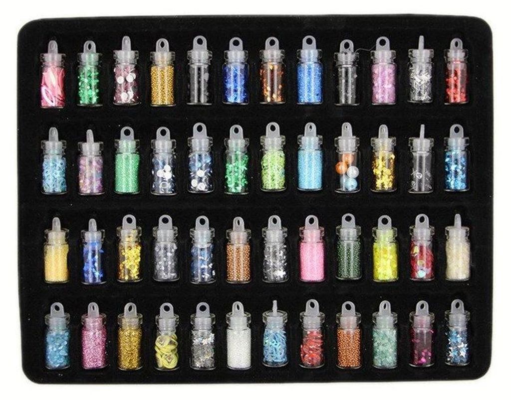 Uniq Nail Art Set mit 48 Fläschchen - Nageldesign Deko Kit mit Glitzer, Pailletten, Perlen und Strasssteinen