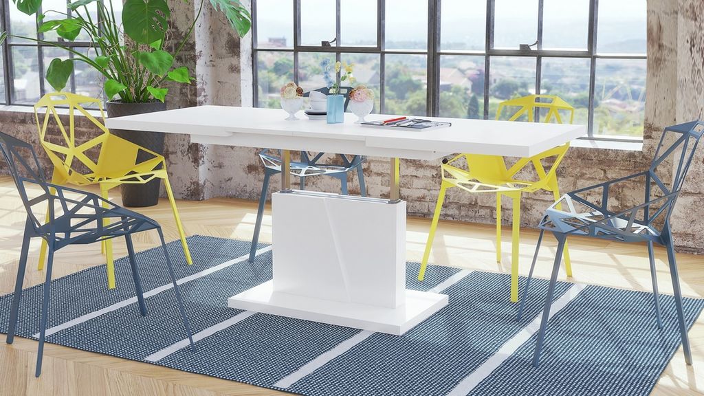 Grand Noir Couchtisch ausziehbar höhenverstellbar 120-180cm in Weiß matt modern vielseitig Wohnzimmertisch Esstisch Beistelltisch Sofatisch platz...