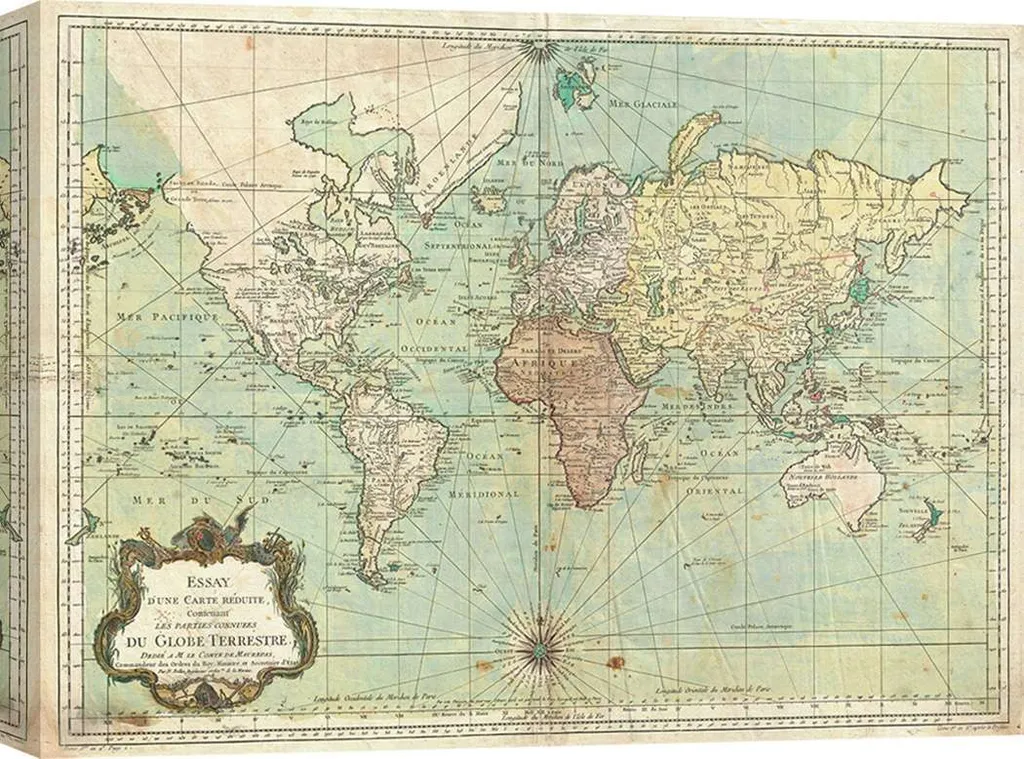Reproduction Carte du Monde 1778 Bellin, Toile Canvas 80x60 cm