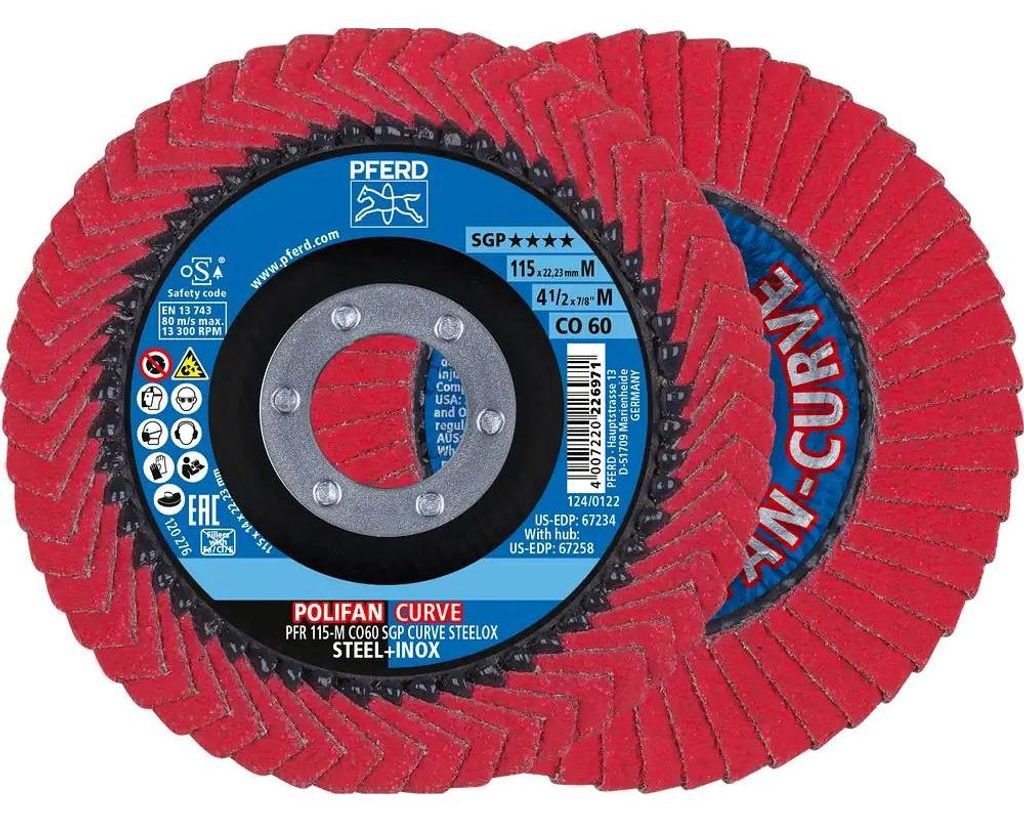 PFERD TOOLS POLIFAN CURVE Fächerscheibe PFR 115x22,23 mm Breite M CO60 SGP STEELOX für Stahl/Edelstahl (POS 2)