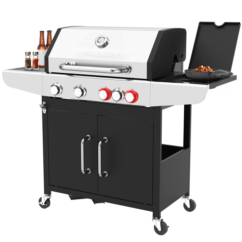 ProfiCook Gasgrill bis zu 450°C | Grillroste aus Gusseisen | inkl. Gasdruckminderer und Schlauch | 4 Brenner | Side-Burner | Gas Grill | PC GG 1312