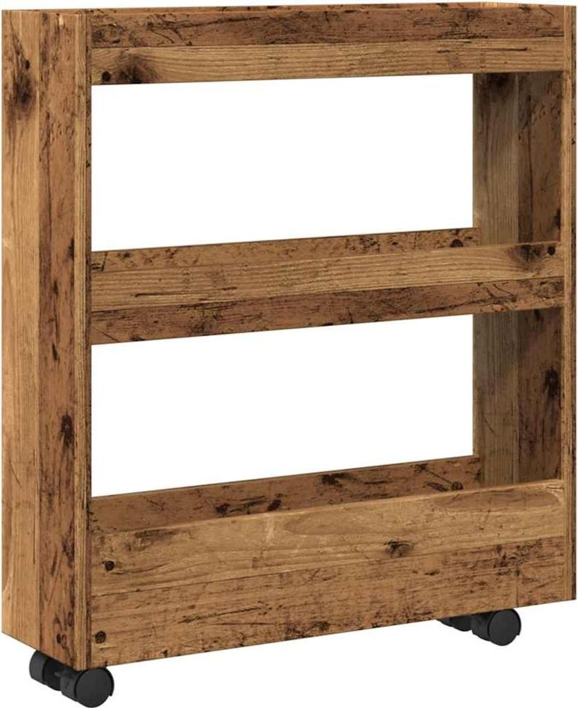A narrow shelving unit with three shelves, made of wood-look material, with wheels at the bottom.