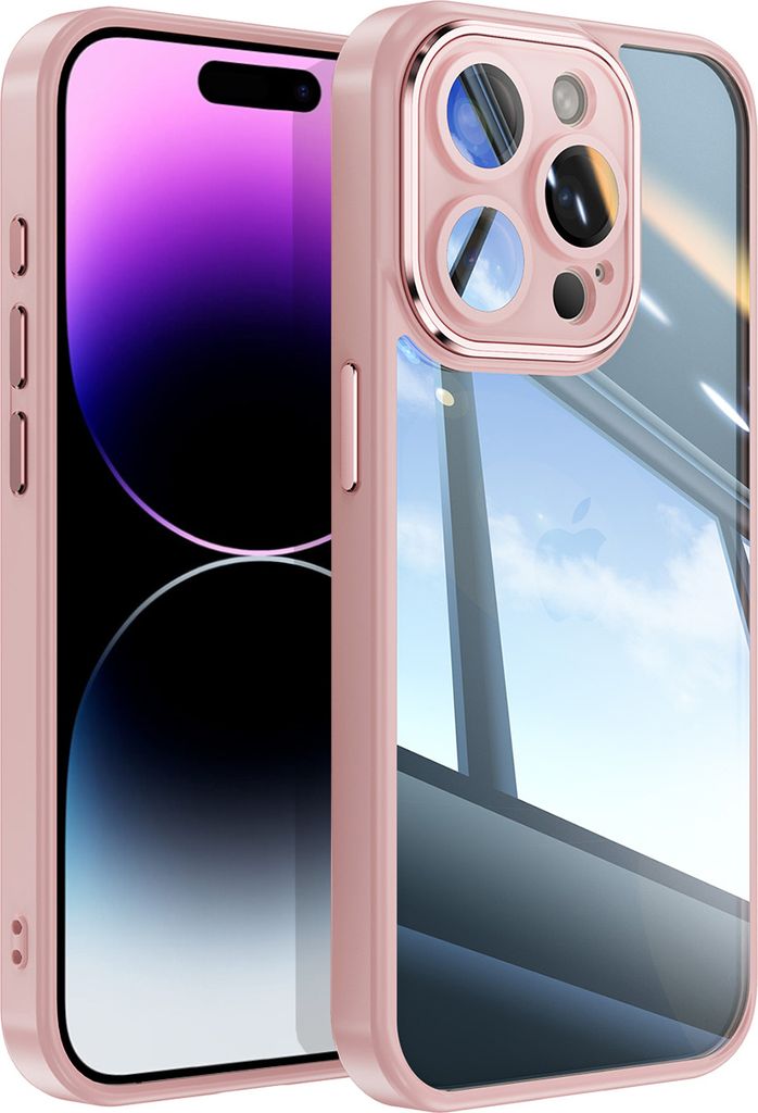 Handyhülle für iPhone 14 Pro Max Hybrid Transparent TPU PC Militärschutz mit Kameraabdeckung Pink