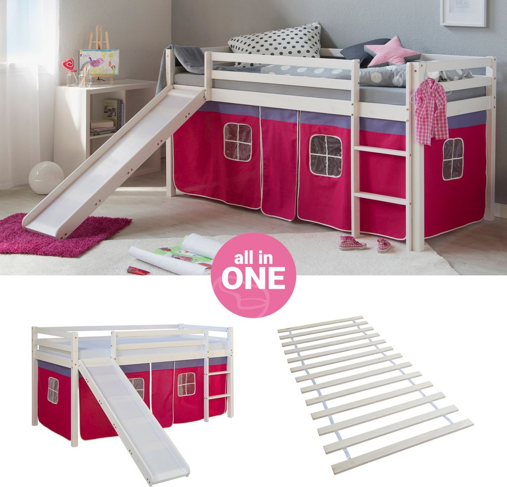 Homestyle4u Hochbett 90x200 mit Rutsche Lattenrost Vorhang Produktbild 