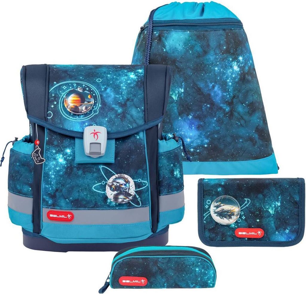 Belmil Classy Plus ergonomisches Schulranzen-Set 5-teilig "Universe" mit Brustgurt, Magnetverschluss, Patch Set 3 Stück