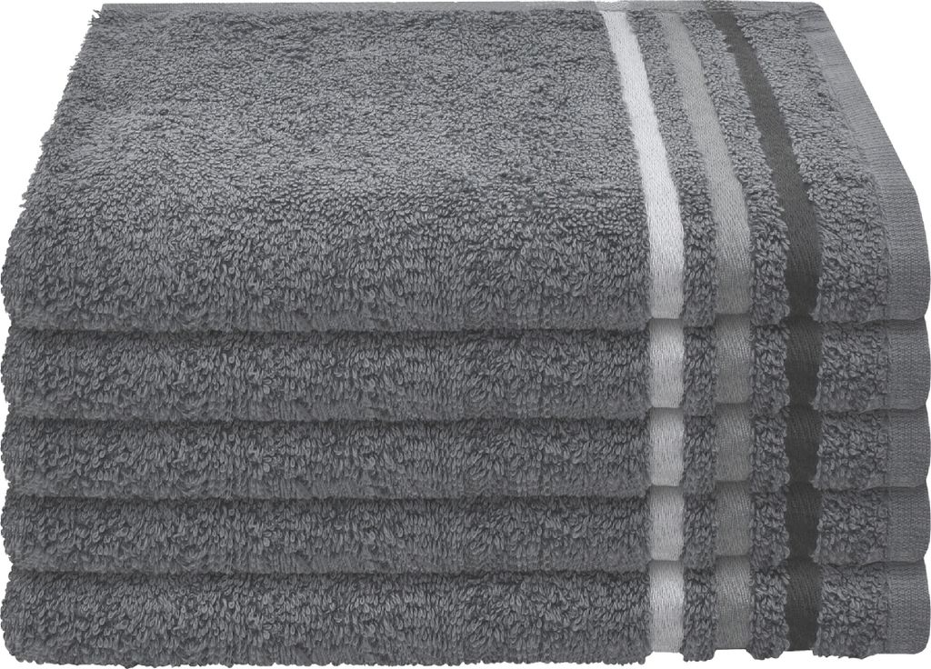 A stack of five dark gray towels with subtle striped accents on the edges.