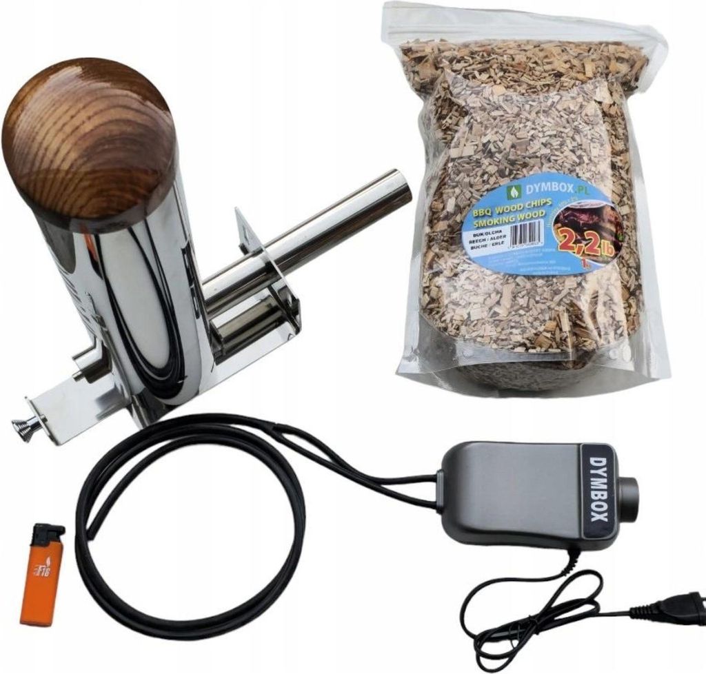 A collection of items for smoking food, including a smoke generator, wood chips, a lighter, and an electric pump.