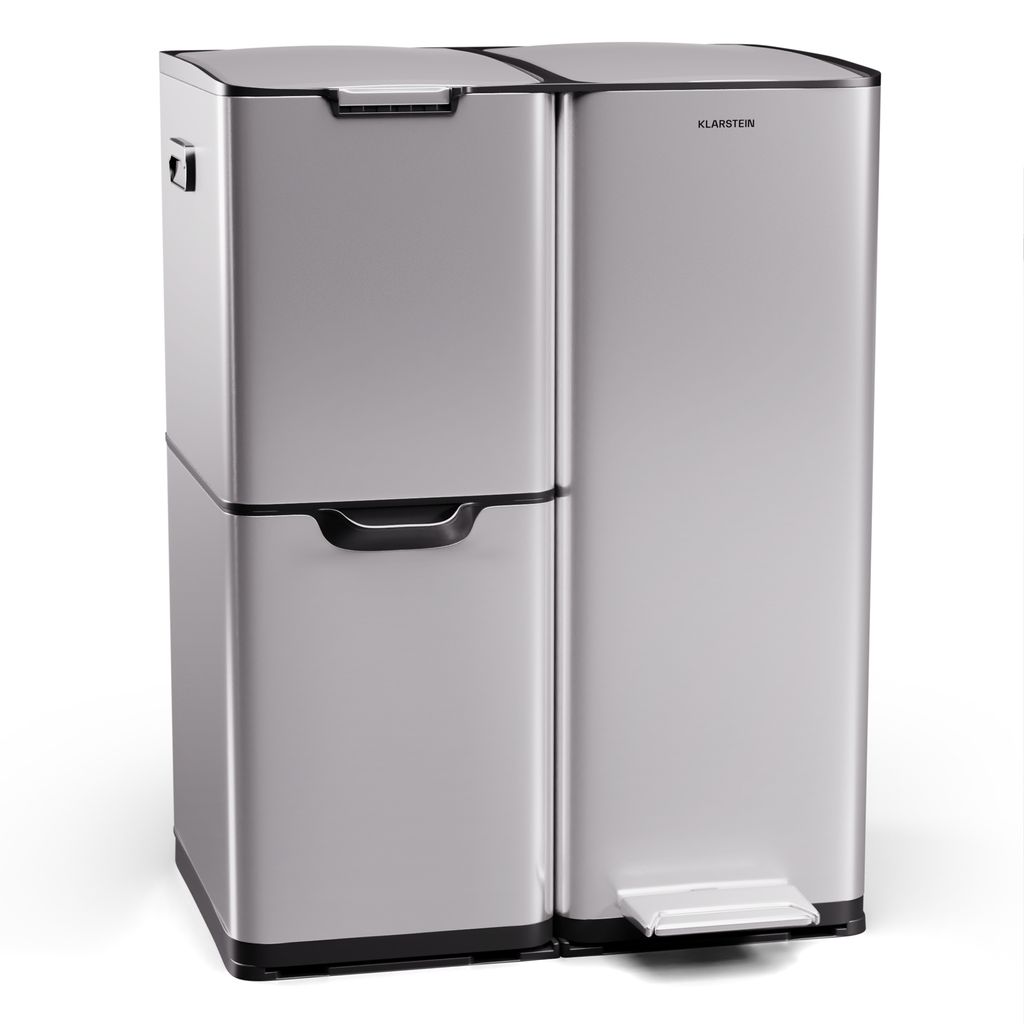 Klarstein Tiyo 3-in-1 Mülleimer - 60L Küchen-Abfalleimer mit Pedale & Soft-Close-Deckel, Edelstahl, herausnehmbare Eimer, Trennsystem, Aufkleber