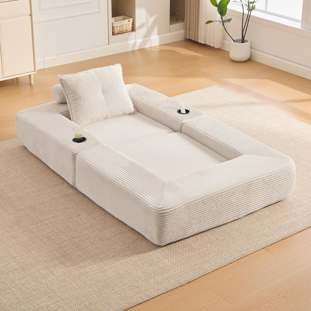 okwish Modulares Sofa Liegesessel mit Getränkehalter und Seitentasche, Klappsofa einfache Montage,Cord,für kleine Wohnungen,Beige
