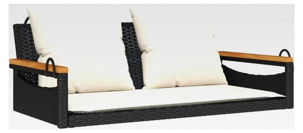Hängebank mit Kissen, Hängeschaukel mit Befestigungsringen, Schaukelbank für den Außenbereich, Gartenschaukel, Modern, Schwarz Poly Rattan