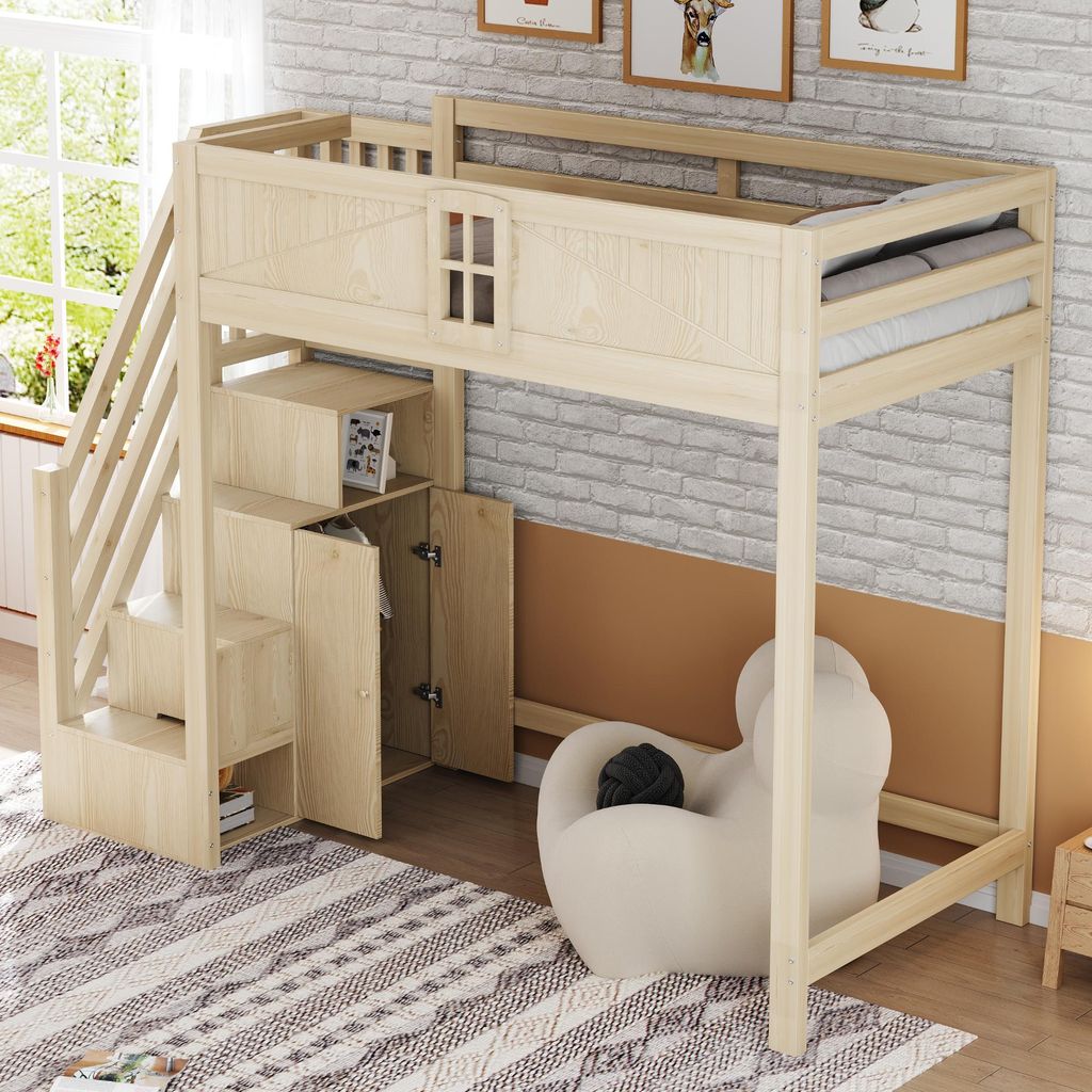 A child's loft bed with integrated storage and stairs, set in a bedroom with a brick wall and a rug.