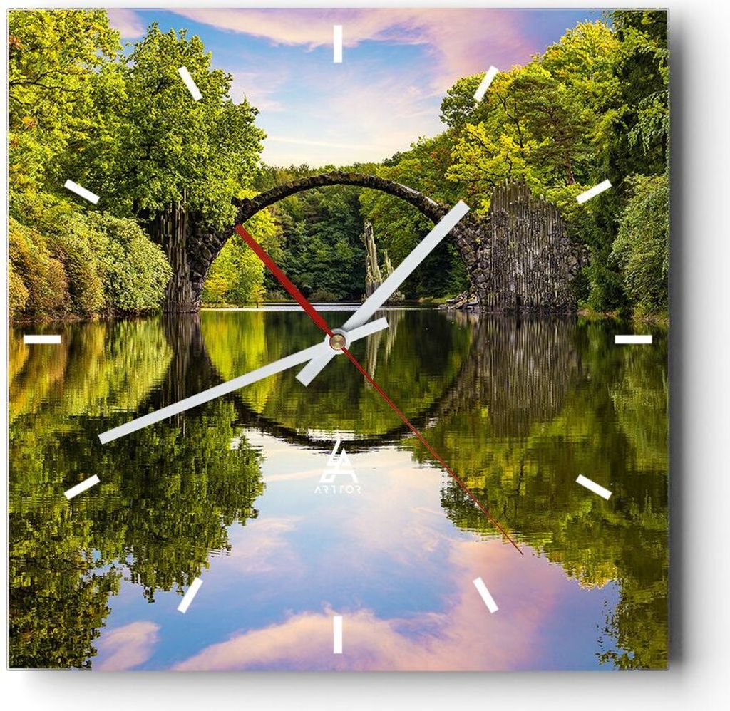 Wanduhr - Quadrat - Glasuhr - Park Natur Wasser - 40x40cm - Schleichendes Uhrwerk - Lautlos - zum Aufhängen bereit - Dekoration Modern - Wanddekor...