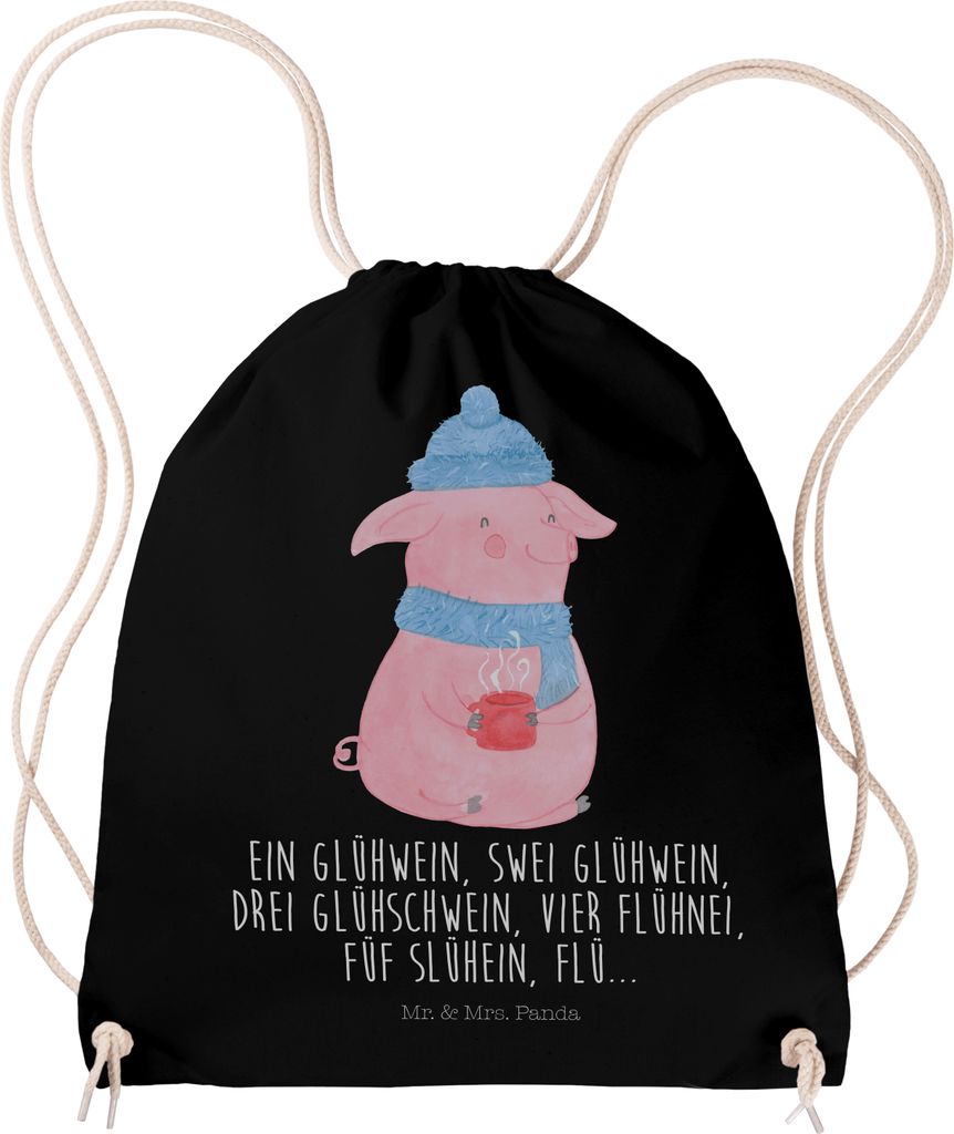 Mr. & Mrs. Panda Turnbeutel Schweinchen Glühwein - Schwarz - Geschenk, Baumwolltasche, sporttasche klein, Spruch, Jutebeutel, Betrunken, gym tasch...