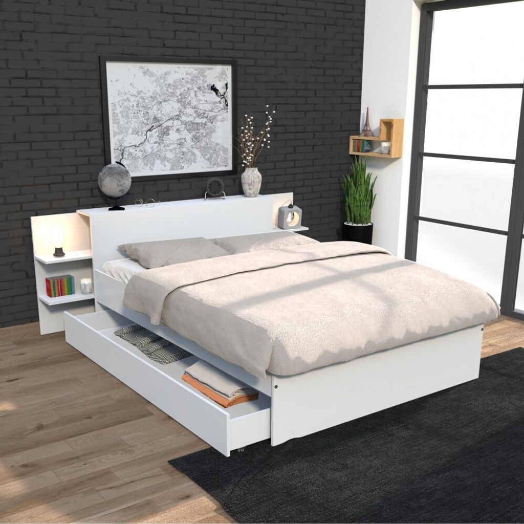 BETT CITY mit Kopfteil und Schublade/ Bett 140x190 - Weiß