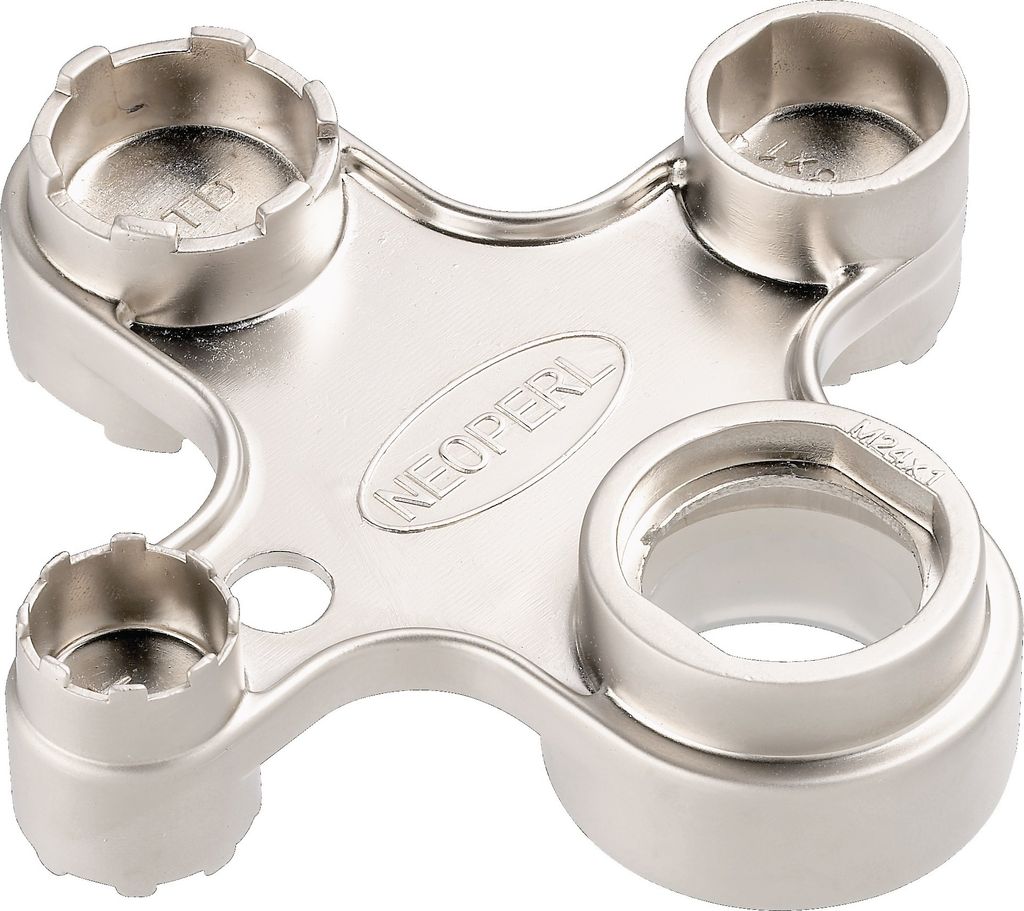 A silver-colored tool with multiple sockets, designed for plumbing or faucet maintenance.