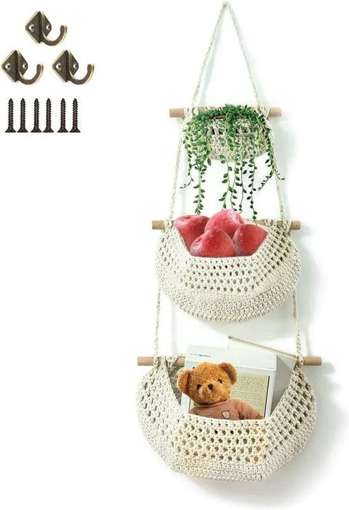 Rangement suspendu cuisine et salon en jute blanc avec décor animaux