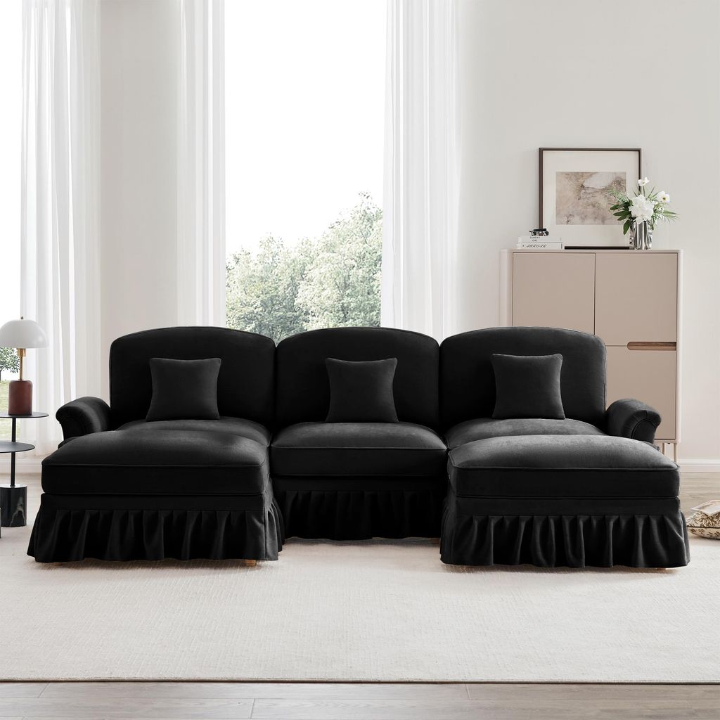 Sweiko Klassisches modulares U-förmiges Sofa aus Chenille mit Trichter-Armlehnen, abnehmbarer Rüschenschürze, spindelförmigen Beinen & beweglic...