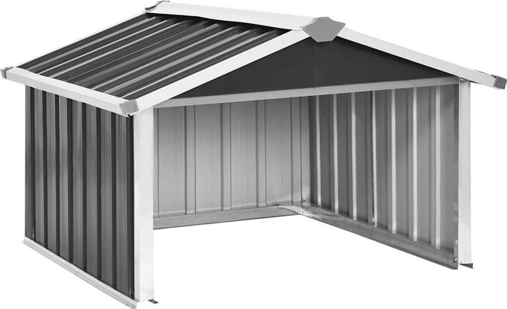 A metal shed for storing a lawnmower.