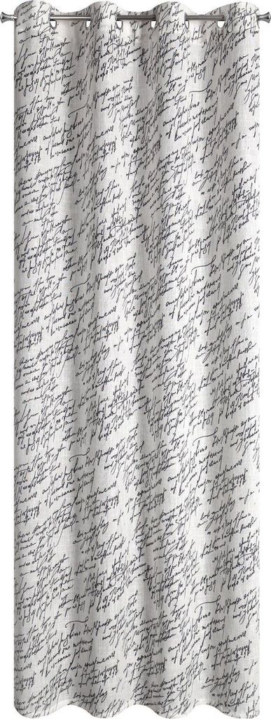 EUROFIRANY | Vorhang - 140 x 250 cm - weiß - schwarze Schriftzüge - Ösen - mit Leinenzusatz