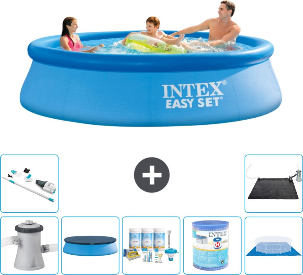 Intex runder aufblasbarer Easy Set-Schwimmpool – 305 x 76 cm – Blau – inklusive Pumpe Abdeckung - Wartungspaket - Filter - Bodenplane - Staub...