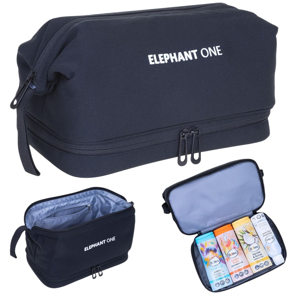 Kulturtasche Damen Herren Kinder mit Bodenfach Innentaschen Kulturbeutel Waschbeutel Washbag Saunatasche Kosmetiktasche Elephant One 13113 Schwarz