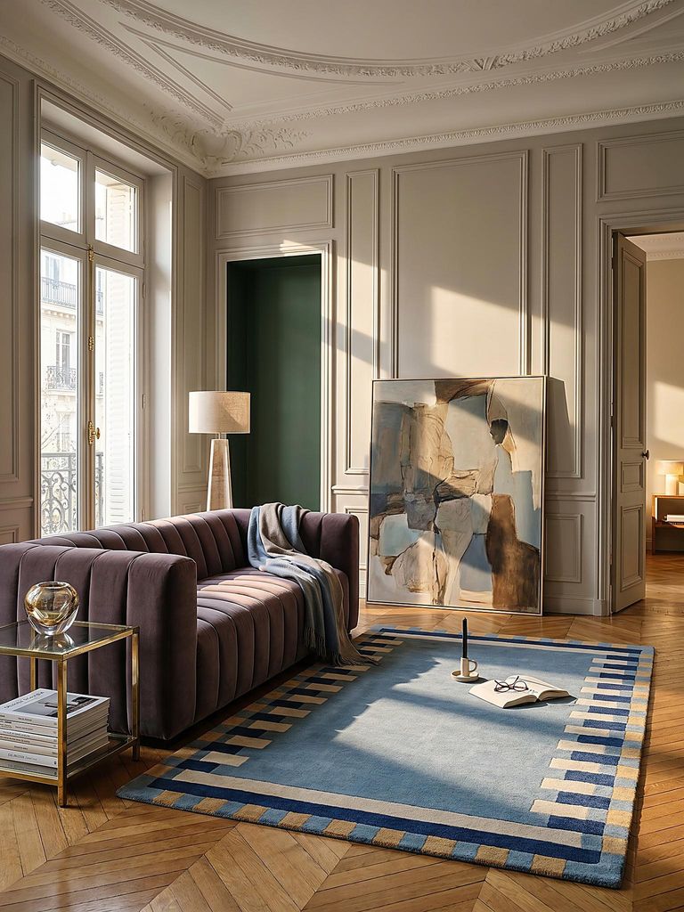 Wollteppich Geometrisches Muster, Rahmen, Wohnzimmer schmutzabweisend Blau-Gelb Rechteckig 200x290 | 100% Wolle, Rücken aus 100% Baumwolle | Florh...