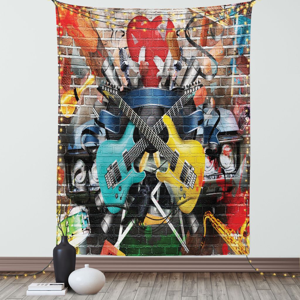 ABAKUHAUS Musik Wandteppich, Klassisches Auto Musikinstrumente Street Wall Art Strasse Outdoors Zeichnung, Wohnzimmer Schlafzimmer Seidiger Satin W...