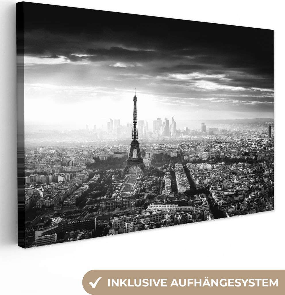 MuchoWow - Leinwandbilder - Paris - Skyline - Eiffelturm - Stadt - Wolken, Wandbild, Wanddeko Bilder Wohnzimmer, 90x60 cm
