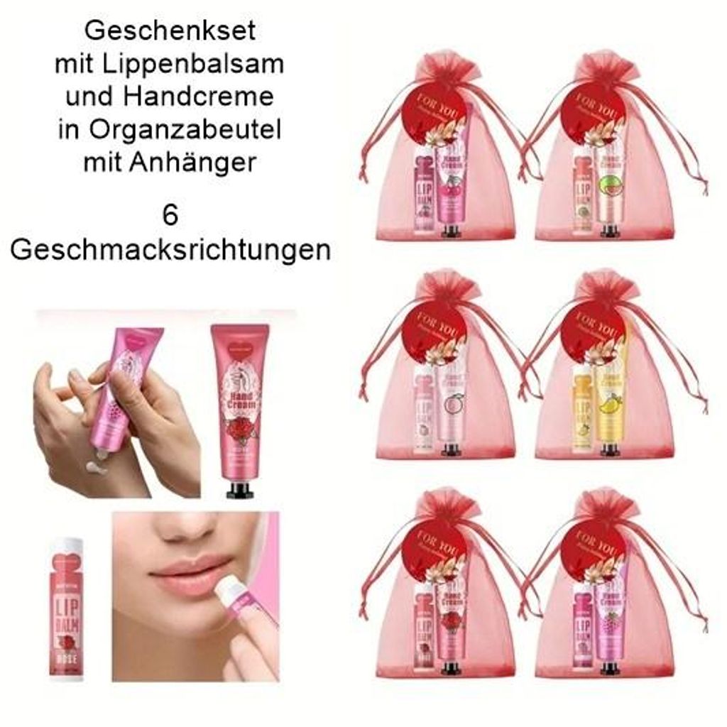 GKA Geschenkset Handcreme und Lippenpflegestift Mango im Organzabeutel mit Geschenkanhänger Geschenk Mitbringsel Lippstick weiche Lippen Hände