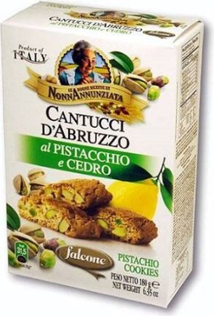 A box of Italian cantucci cookies with pistachios and cedar.